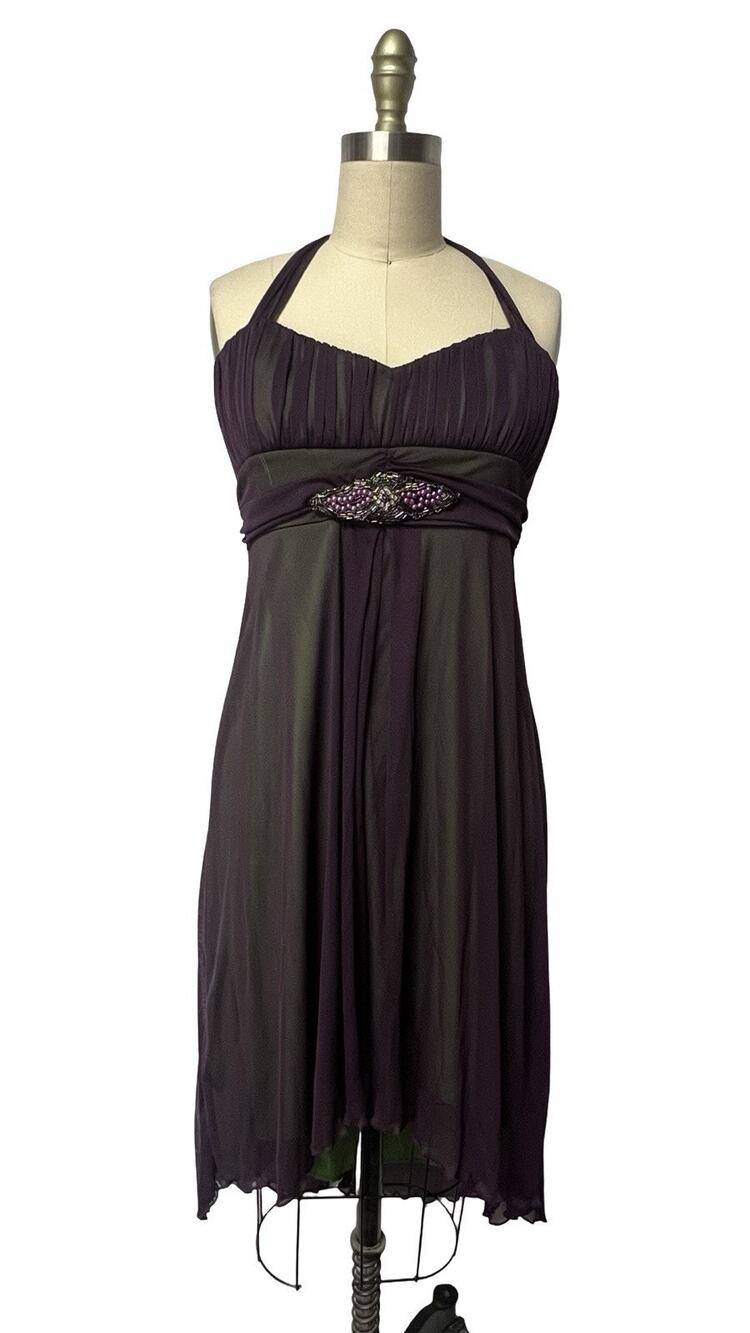 Y2K Whimsical Fairycore Halter Top Dress Purple Green Beaded Waist High Low SZ L